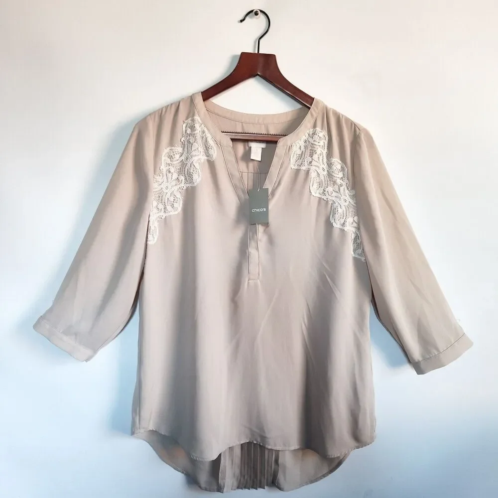 New Chicos Top Size 1 (8) Charming Pleats Stella Khaki Lace Trim Boho Office NWT